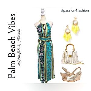 B. Calm Aqua Yellow Multi Floral Stripe Maxi Halter Dress- Size S- Preppy ☀️